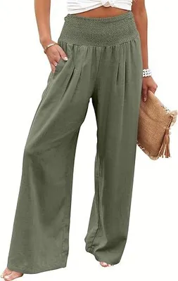 Produktbild von Damen Leinen Palazzo Hose Sommer Boho Weites Bein Hoher Bund Freizeit Hose mit Taschen