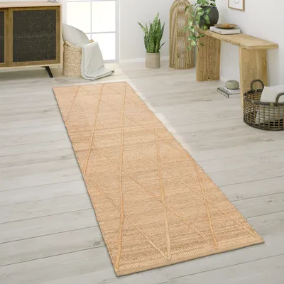 Produktbild von Teppich Wohnzimmer Jute Naturfaser Handgearbeitet Modernes Skandi 3D Muster Grösse 80x250 cm