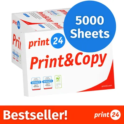Zdjęcie produktu dla NOWOŚĆ: print24 Papier do drukarek i kopiarek, 5000 arkuszy, 10 x 500, A4, Premium, ekstra biały, CIE 160, Zwycięzca testów, Certyfikat PEFC