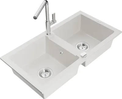Immagine prodotto di Mexen Mario lavello in granito a 2 vasche con miscelatore da cucina Flora, bianco - 6504-20-670401-00