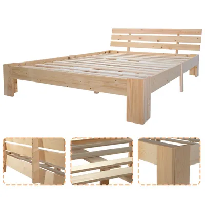 Produktbild von okwish Holzbett Doppelbett aus Bettgestell mit Kopfteil mit Lattenrost 200 x 140 cm Massivholz Kieferbett Natur