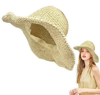 Immagine prodotto di Cappello da donna in paglia, con tesa larga, pieghevole, traspirante, taglia unica, color beige