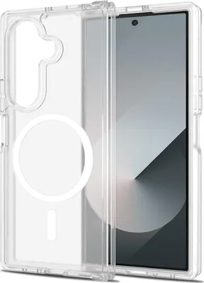 A clear phone case with a magnetic ring is shown next to a smartphone.