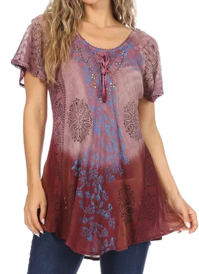 Immagine prodotto di Sakkas 19218 - Marzia: Blusa a maniche corte, vestibilità ampia, in stile batik, con top coordinato