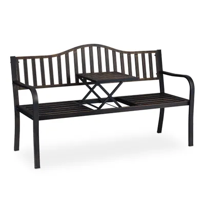 Immagine prodotto di Panchina da giardino Relaxdays con tavolino ribaltabile, 3 posti, da giardino, in metallo, per balcone, L x P x A 89 x 150 x 58,5 cm, nero-bronzo