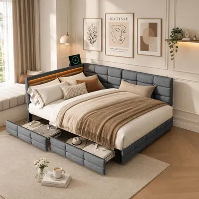 Productafbeelding van INONEFT Boxspringbed 140 x 200 cm met L-vormig hoofdeinde, kinderbed met LED-verlichting en 2 lades, tweepersoonsbed met lattenbodem en USB-aansluiting, linnen, grijs