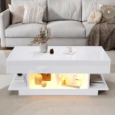 Obrázok produktu pre Konferenčný stolík, 98 x 45 x 40 cm, 100% drevotrieska, biela farba, s výškovo nastaviteľnou doskou (do 54,5 cm), 2 výklopnými priehradkami a LED osvetlením