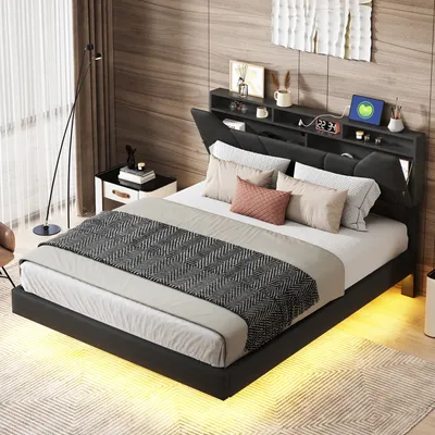 Obrázek produktu pro UnboxG Čalouněná postel 140x200 cm s USB a zásuvkami, hydraulická postel s úložným prostorem, úložné dvoulůžko s úložným čelem a LED/typ C,Polyuretanšedá
