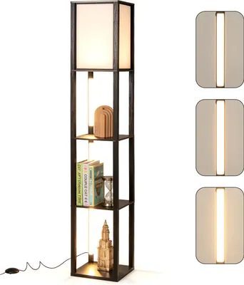 Produktbild von COSTWAY Stehlampe 163 cm mit Regalen, Regallampe Holz mit 3-stufig einstellbaren LED-Streifen & Fußschalter, Standlampe Display-Regal modern
