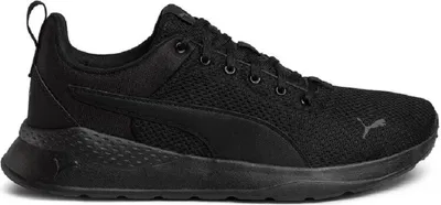 A black Puma running shoe is shown from the side against a white background.