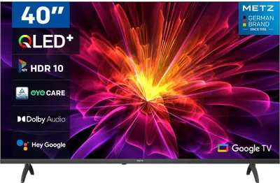 A television screen displaying a colorful abstract image, with various feature callouts and brand logos on the left and right sides.