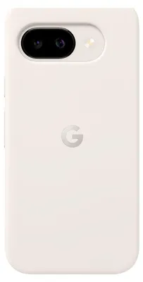 A close-up, front-facing view of a beige Google Pixel phone case with the Google 'G' logo in the center.