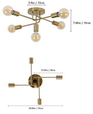 Immagine prodotto di Lampada a soffitto in stile retrò - Lampada industriale - 5 luci - Attacco E27 - Senza lampadine - Metallo - 220 V - Oro