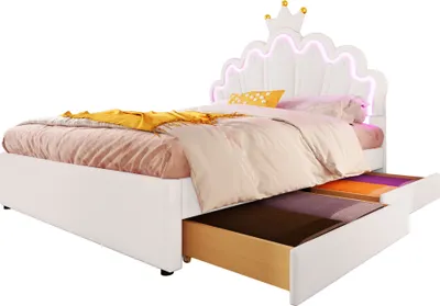 Obrázek produktu pro okwish Dětská postel 140×200 cm s laťovým roštem, čalouněná postel pro princeznu pro dívky, funkční dvoulůžko,postel se 2 zásuvkami,bílá (bez matrace)