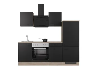 Produktbild von Küchenzeile mit E-Geräten - 220 cm breit - Schwarz matt Endgrain Oak – Capri