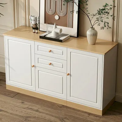 Image de Buffet – Meuble de rangement – Trois portes – Deux tiroirs – Multifonctionnel – Structure en bois – Convient aux salons et aux salles à manger