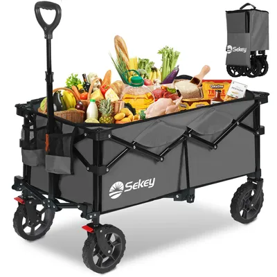 Produktbild von Sekey Bollerwagen faltbar 150 kg mit Bremsen, klappbarer Handwagen für Garten und Ausflug, Anthrazit