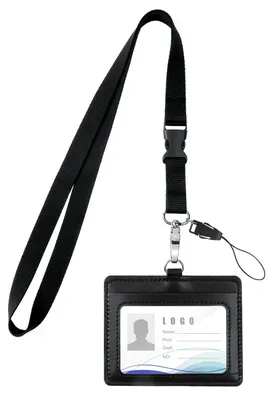 Produktbild von Ausweishalter für Schlüsselbänder, Ausweishalter aus Kunstleder, Schlüsselband mit Ring, Ausweishalter aus Leder für Ausweise, Dienstausweise, Studentenausweise, Büroausweise (schwarz)