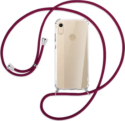 Produktbild von Handykette Backcover-Schutzhülle mit Band (Metall silberfarben) für Honor 8A / Huawei Y6s 2019 - dunkelrot