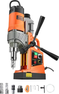 A magnetic core drill machine with accessories displayed below it, set against a white background.