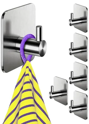 Image de Lot de 6 crochets pour serviettes sans perçage – Crochets en acier inoxydable pour la salle de bains et la cuisine, antirouille, résistants à l'eau, autocollants, couleur argent