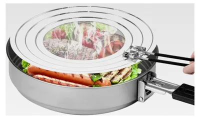 Produktbild von Spritzschutz für Pfannen, geeignet für Ø 20, 24 und 28 cm, mit klappbarem Griff, verhindert Fettspritzer beim Kochen