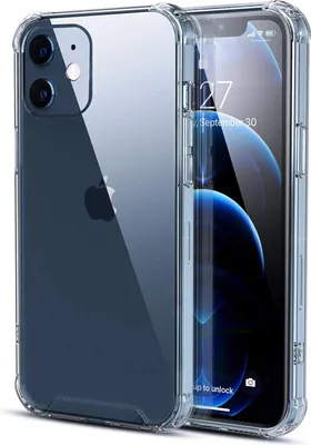 A clear protective case for an iPhone 12 Mini is shown, with the phone inside displaying its screen.