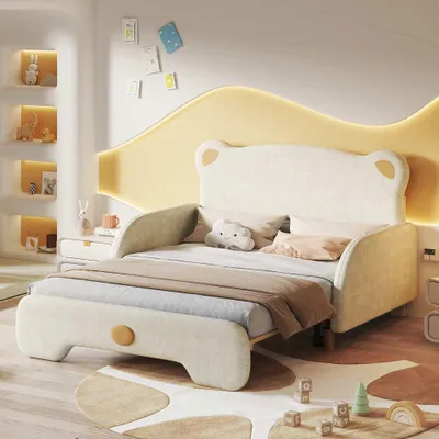 Produktbild von Kuscheliges Bett für Kinder in bezaubernder Tieroptik – Vielseitig als Tagesbett nutzbar, mit weichen Schutzrändern und Holzgestell, beige