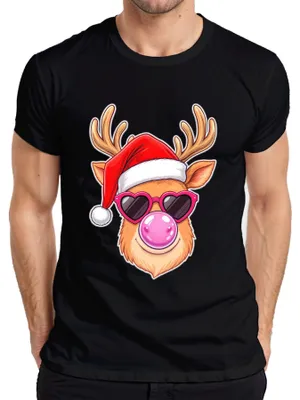 Zdjęcie produktu dla Świąteczny renifer Santa Hat Heart Sunglasses Chewing Gum Śmieszna koszulka męska, czarny, L