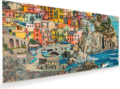 Produktbild von Glasbild 60x30cm in XXL für Wohnzimmer, Schlafzimmer Motiv Bunte Küstenstadt