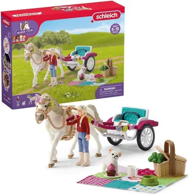 A toy horse and carriage set with accessories, displayed both in its packaging and as a standalone product.