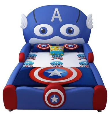 Zdjęcie produktu dla Niebieskie łóżeczko dla chłopców, motyw Captain America, wysokiej jakości, idealne do pokoju dziecięcego