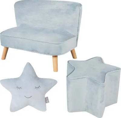 Obrázok produktu pre Súprava Roba „Lil Sofa” vrátane detského gauča, stoličky v tvare hviezdy a dekoratívneho vankúša v tvare hviezdy v svetlo modrej/nebeskej farbe