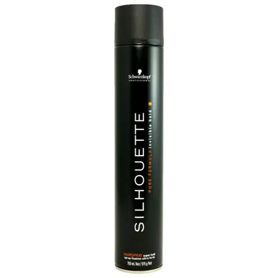 A black aerosol can of hairspray with white and orange text on a white background.