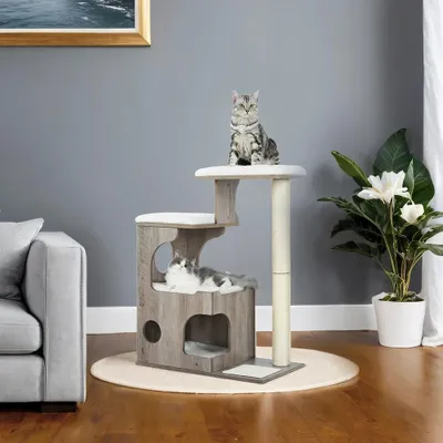 Produktbild von Hoher Katzenkratzbaum mit Katzenhaus und Plattformen | Greige-weiß | 40x66x86 cm