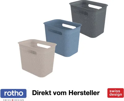 Three laundry baskets of different colors are displayed against a white background.