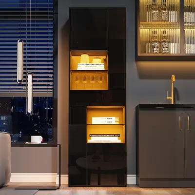 Immagine prodotto di Vetrina in vetro nero con illuminazione a LED, dimensioni 55x38x170 cm, mobile vetrina con cassetto e quattro vani, ideale per il soggiorno