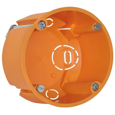 An orange electrical junction box with screws.