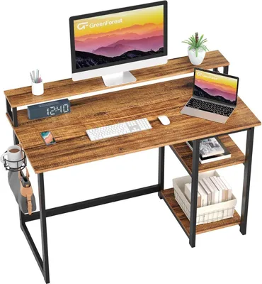 Image de Bureau 100x50 cm avec étagère, support d'écran, espace de rangement, table de bureau, marron