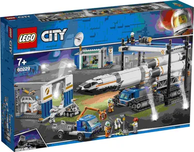 A LEGO City rocket assembly and transport set, showing a rocket on a launchpad with various vehicles and minifigures.