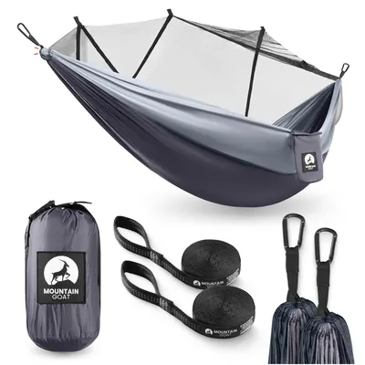 Produktbild von MOUNTAIN GOAT Trekking-Hängematte mit Moskitonetz, für 1 Person, 1,1 kg, inkl. Gurte und Karabiner, grau-graphit