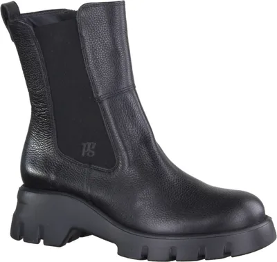 A black leather chelsea boot with a thick sole, shown from the side against a white background.