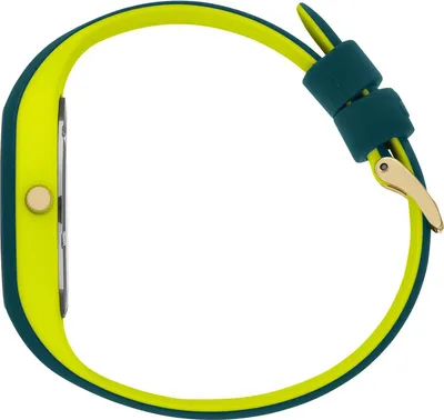 A side view of a watch with a dual-colored strap.
