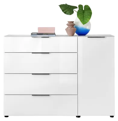 Produktbild von Kommode - 135 x 99 cm - 1 Tür - 4 Schubladen - Weißglas - Weiß matt