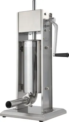 A stainless steel sausage stuffer machine is shown against a white background.
