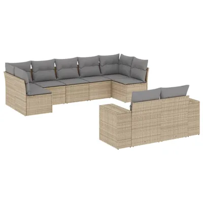 Produktbild von Modulares Garten-Sofa Set 9-tlg., Poly Rattan Beige, UV-beständig, mit Stauraum, wasserabweisendem Beutel, abnehmbaren Kissenbezügen Hellgrau