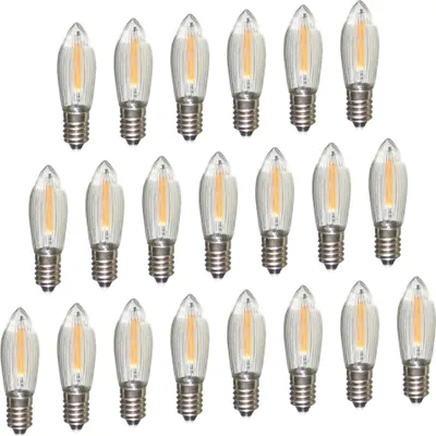 A collection of LED filament light bulbs arranged in rows against a white background.