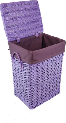 A purple wicker laundry basket with a brown fabric liner and an open lid.