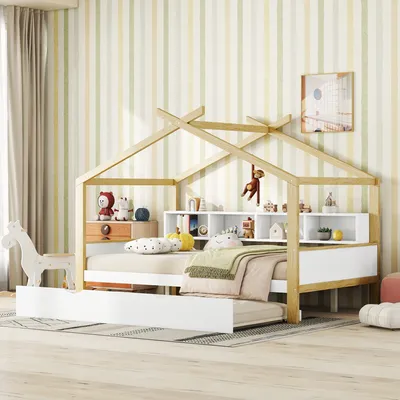 Obrázek produktu pro Flieks dětská postel domeček postel 140x200cm s výsuvným lůžkem, dětská postel dvojlůžko dřevěná postel s policí, úložný prostor dětský pokoj, přírodní provedení