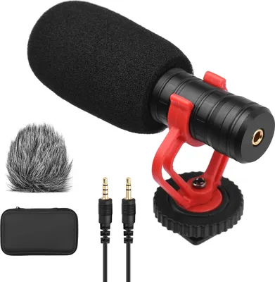 Obrázok produktu pre Andoer kamerový mikrofón – kondenzátorový mikrofón s kardioidnou charakteristikou, s 3,5 mm konektorom, odpruženým držiakom, penovou a kožušinovou veternou clonou a prenosnou taškou. Kompatibilný s mobilnými telefónmi a kamerami na nahrávanie videa a rozhovorov.